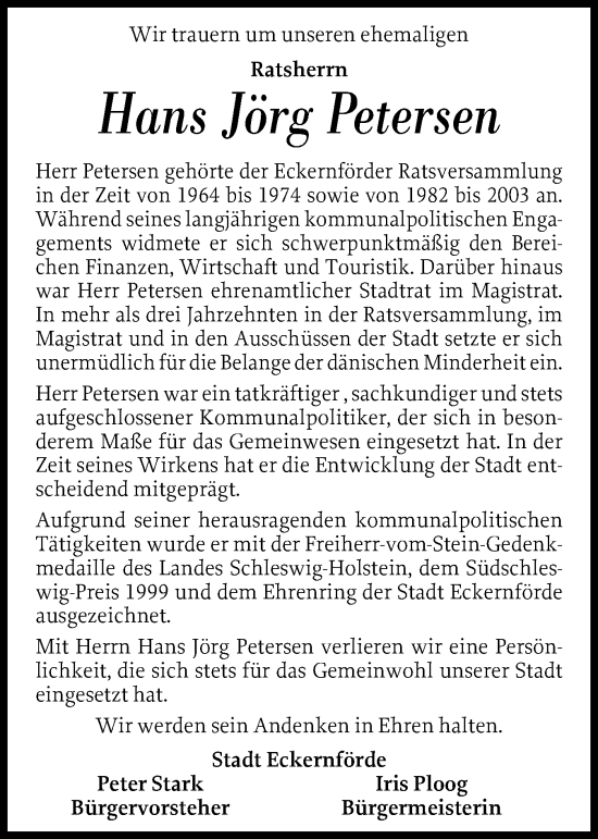 Traueranzeige von Hans Jörg Petersen von Eckernförder Zeitung, Hallo Eckernförde