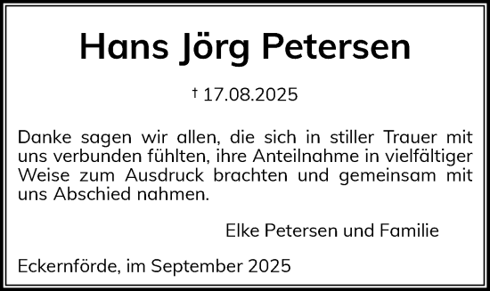 Traueranzeige von Hans Jörg Petersen von Eckernförder Zeitung, Hallo Eckernförde