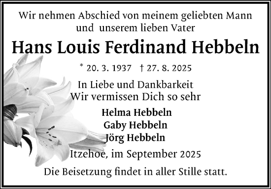Traueranzeige von Hans Louis Ferdinand Hebbeln von Norddeutsche Rundschau, Wilstersche Zeitung, Glückstädter Fortuna