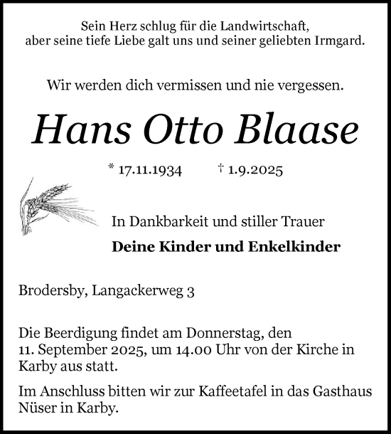 Traueranzeige von Hans Otto Blaase von Schleswiger Nachrichten, Schlei-Bote, Eckernförder Zeitung