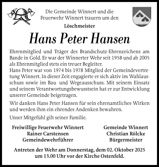 Traueranzeige von Hans Peter Hansen von Husumer Nachrichten, Nordfriesland Tageblatt
