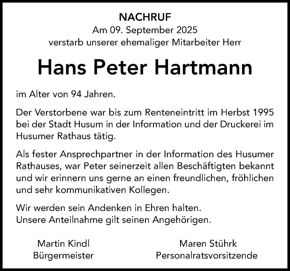  Traueranzeige für Hans Peter Hartmann vom 20.09.2025 aus Die WochenSchau Nordfriesland