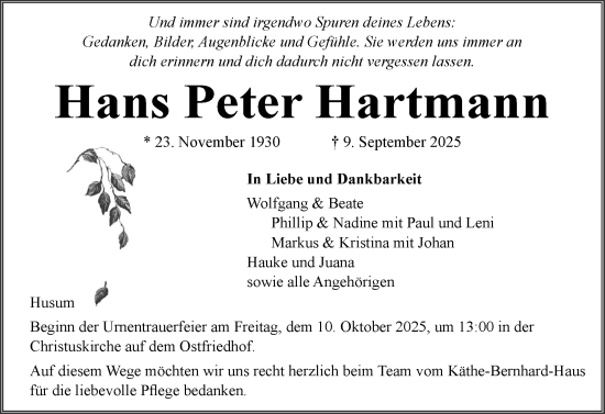 Traueranzeige von Hans Peter Hartmann von Husumer Nachrichten, Nordfriesland Tageblatt
