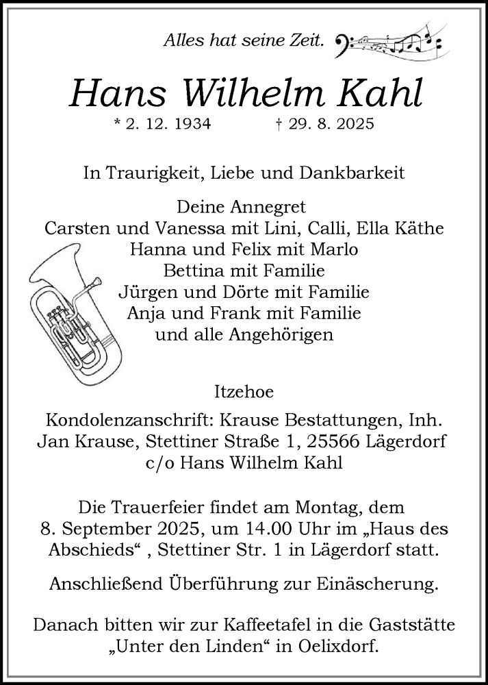  Traueranzeige für Hans Wilhelm Kahl vom 06.09.2025 aus Norddeutsche Rundschau, Wilstersche Zeitung, Glückstädter Fortuna