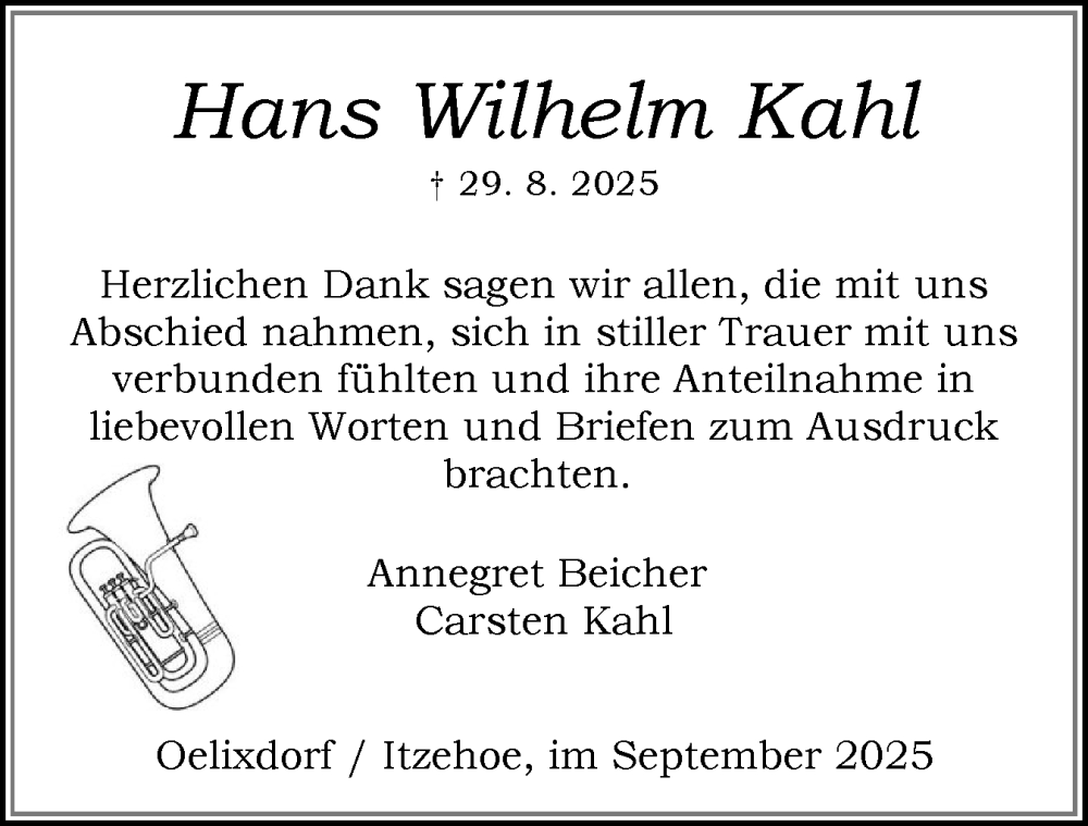  Traueranzeige für Hans Wilhelm Kahl vom 20.09.2025 aus Norddeutsche Rundschau, Wilstersche Zeitung, Glückstädter Fortuna