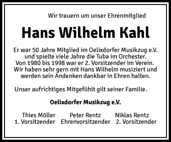 Traueranzeige von Hans Wilhelm Kahl von Norddeutsche Rundschau, Wilstersche Zeitung, Glückstädter Fortuna