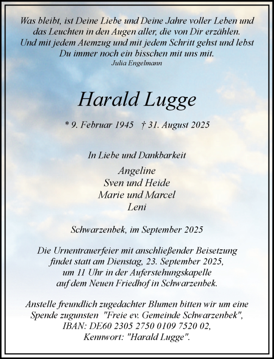 Traueranzeige von Harald Lugge von Wochenend Anzeiger