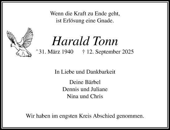 Traueranzeige von Harald Tonn von MARKT Ahrensburg/Bargteheide/Trittau und Stormarner Tageblatt