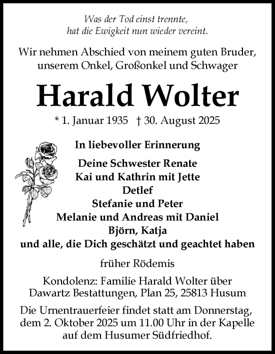 Traueranzeige von Harald Wolter von Husumer Nachrichten, Nordfriesland Tageblatt