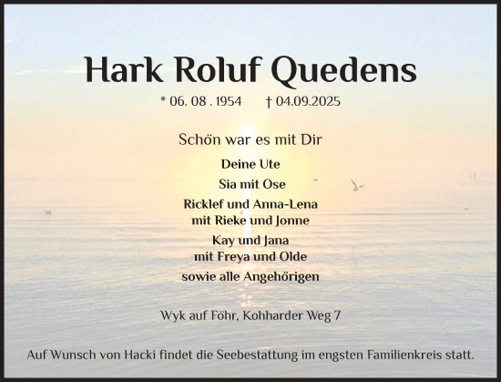 Traueranzeige von Hark Roluf Quedens von Der Insel-Bote