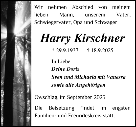 Traueranzeige von Harry Kirschner von Schleswig-Holsteinische Landeszeitung