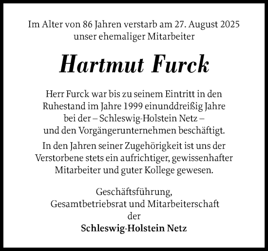 Traueranzeige von Hartmut Furck von Schleswig-Holsteinische Landeszeitung