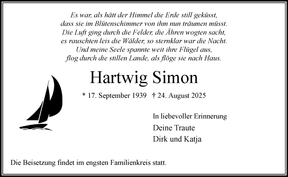  Traueranzeige für Hartwig Simon vom 06.09.2025 aus MARKT Bad Oldesloe/Reinfeld und Stormarner Tageblatt