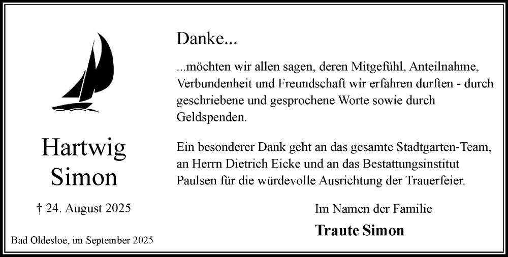  Traueranzeige für Hartwig Simon vom 20.09.2025 aus MARKT Bad Oldesloe/Reinfeld und Stormarner Tageblatt