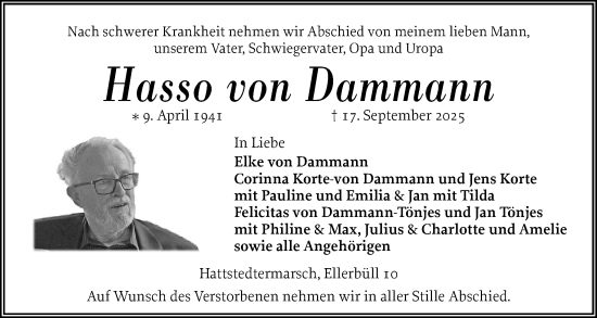 Traueranzeige von Hasso von Dammann von Husumer Nachrichten, Nordfriesland Tageblatt