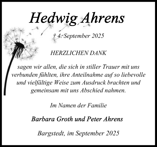 Traueranzeige von Hedwig Ahrens von Schleswig-Holsteinische Landeszeitung