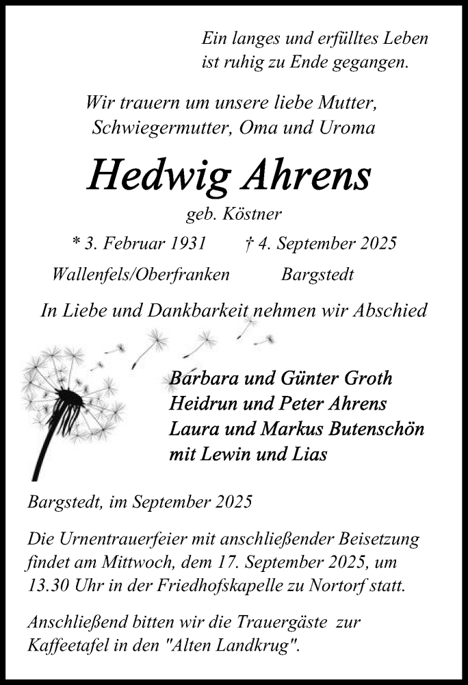  Traueranzeige für Hedwig Ahrens vom 13.09.2025 aus Schleswig-Holsteinische Landeszeitung