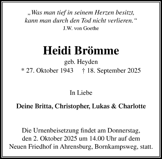 Traueranzeige von Heidi Brömme von MARKT Ahrensburg/Bargteheide/Trittau und Stormarner Tageblatt