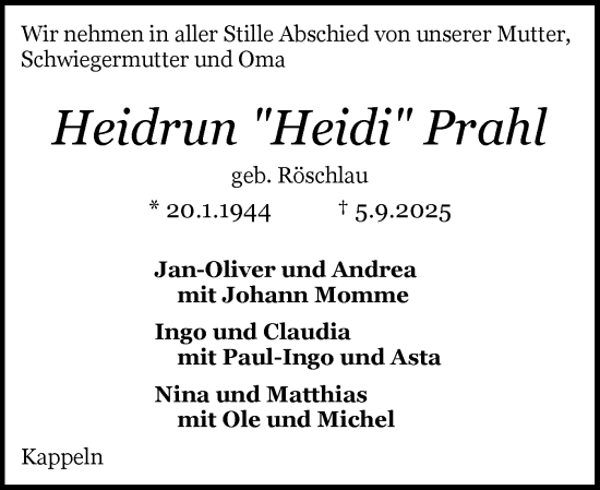 Traueranzeige von Heidrun Prahl von Schleswiger Nachrichten, Schlei-Bote