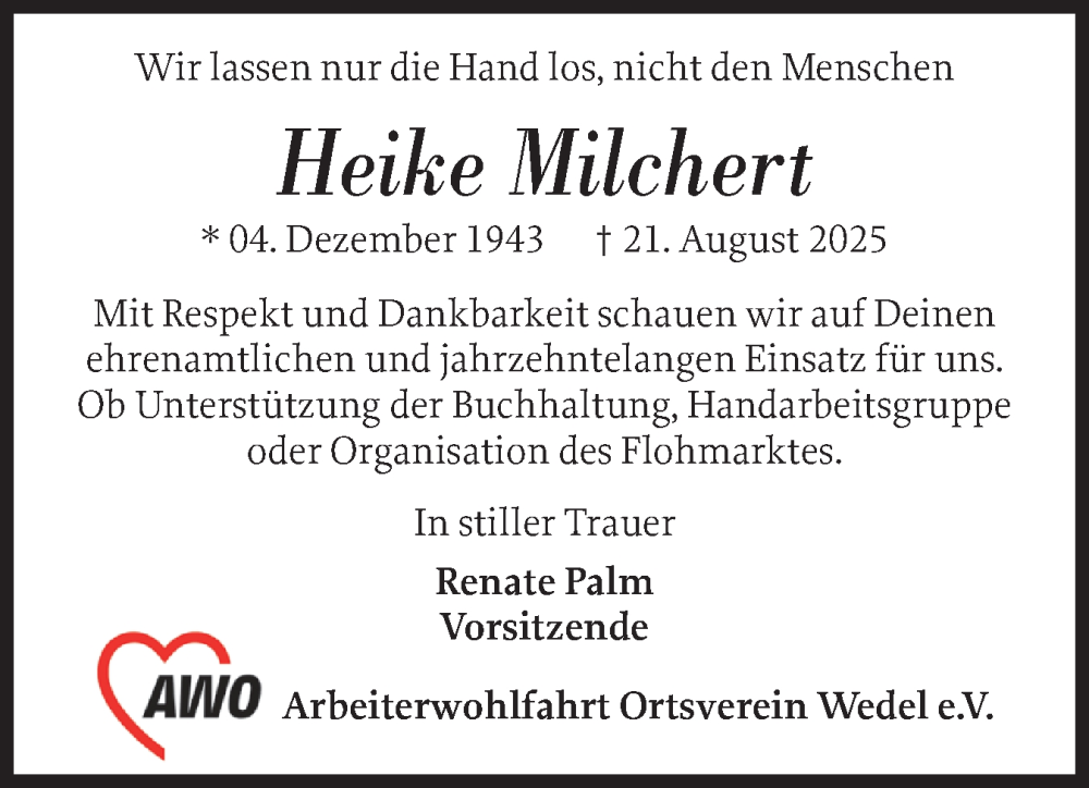  Traueranzeige für Heike Milchert vom 06.09.2025 aus Wedel-Schulauer Tageblatt, tip Wedel-Schulauer Tageblatt, tip Rissener Rundschau