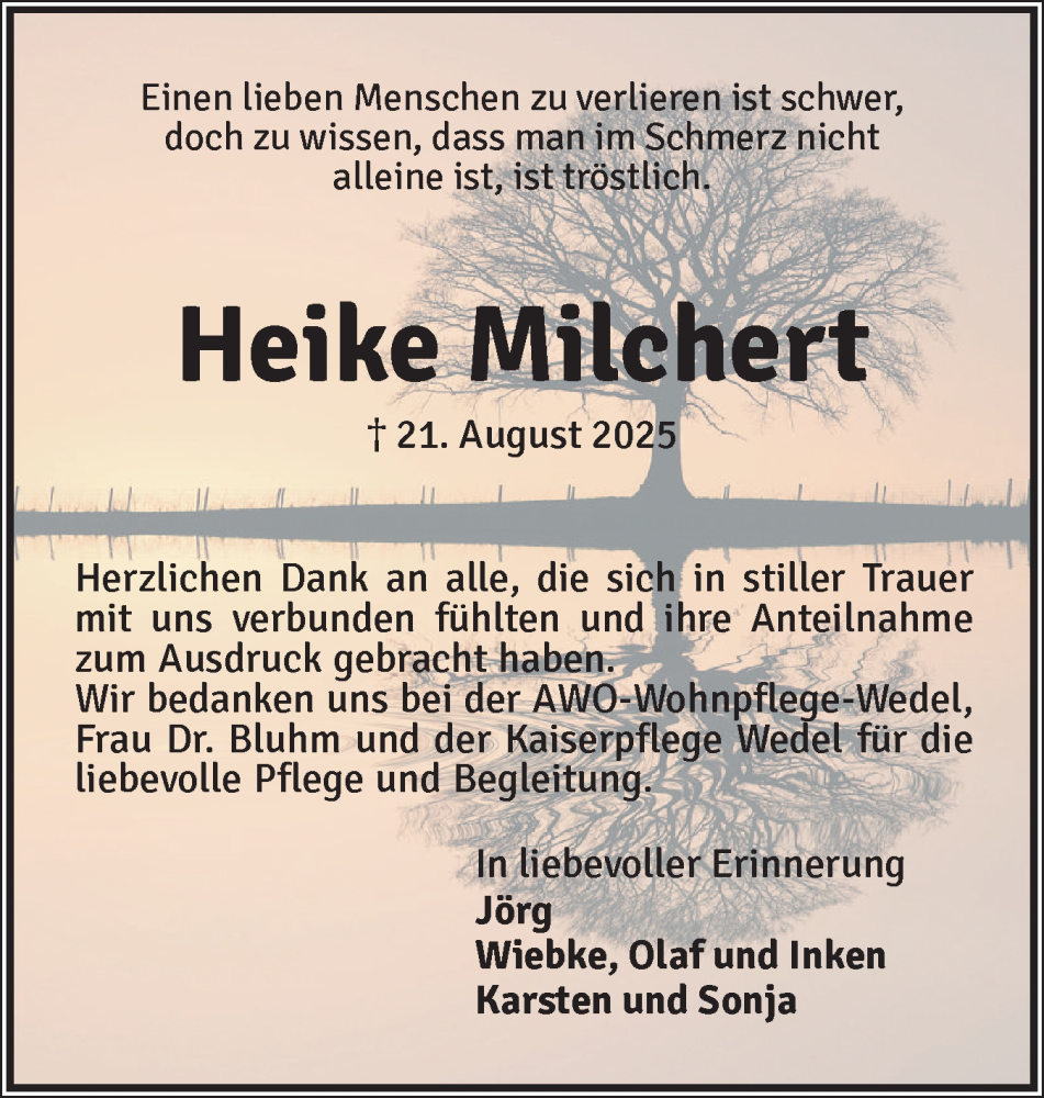  Traueranzeige für Heike Milchert vom 20.09.2025 aus Wedel-Schulauer Tageblatt, tip Wedel-Schulauer Tageblatt, tip Rissener Rundschau