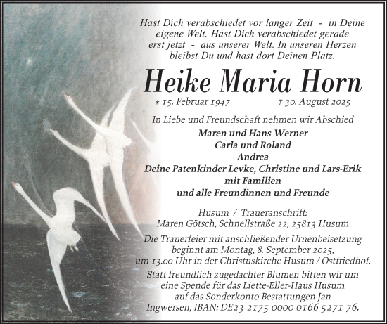 Traueranzeige von Heike Maria Horn von Husumer Nachrichten, Nordfriesland Tageblatt