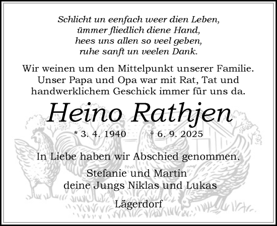 Traueranzeige von Heino Rathjen von Norddeutsche Rundschau, Wilstersche Zeitung, Glückstädter Fortuna