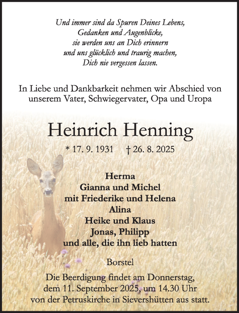  Traueranzeige für Heinrich Henning vom 06.09.2025 aus Umschau