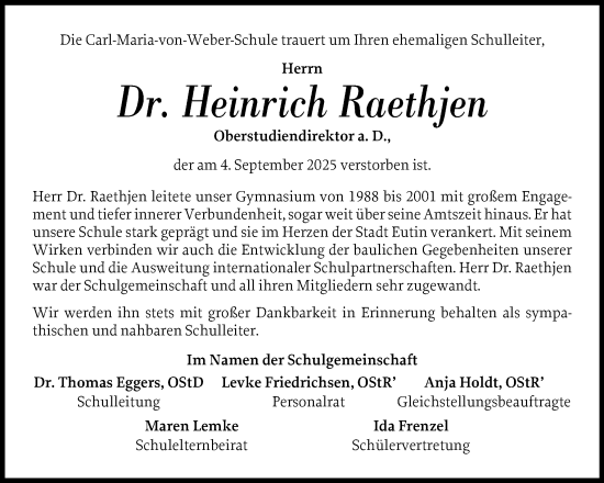 Traueranzeige von Heinrich Raethjen von Ostholsteiner Anzeiger