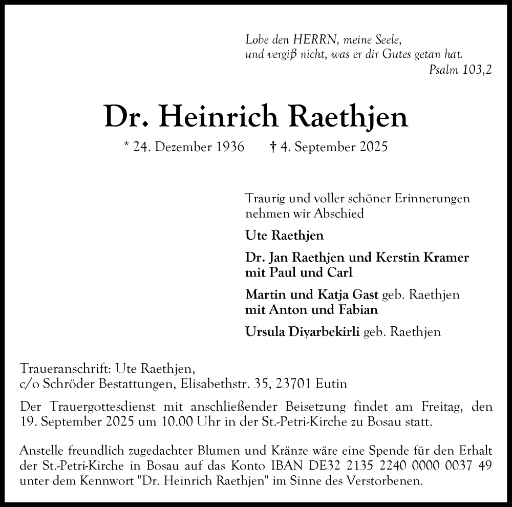 Traueranzeige für Heinrich Raethjen vom 13.09.2025 aus Ostholsteiner Anzeiger