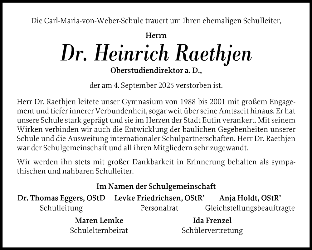  Traueranzeige für Heinrich Raethjen vom 20.09.2025 aus Ostholsteiner Anzeiger