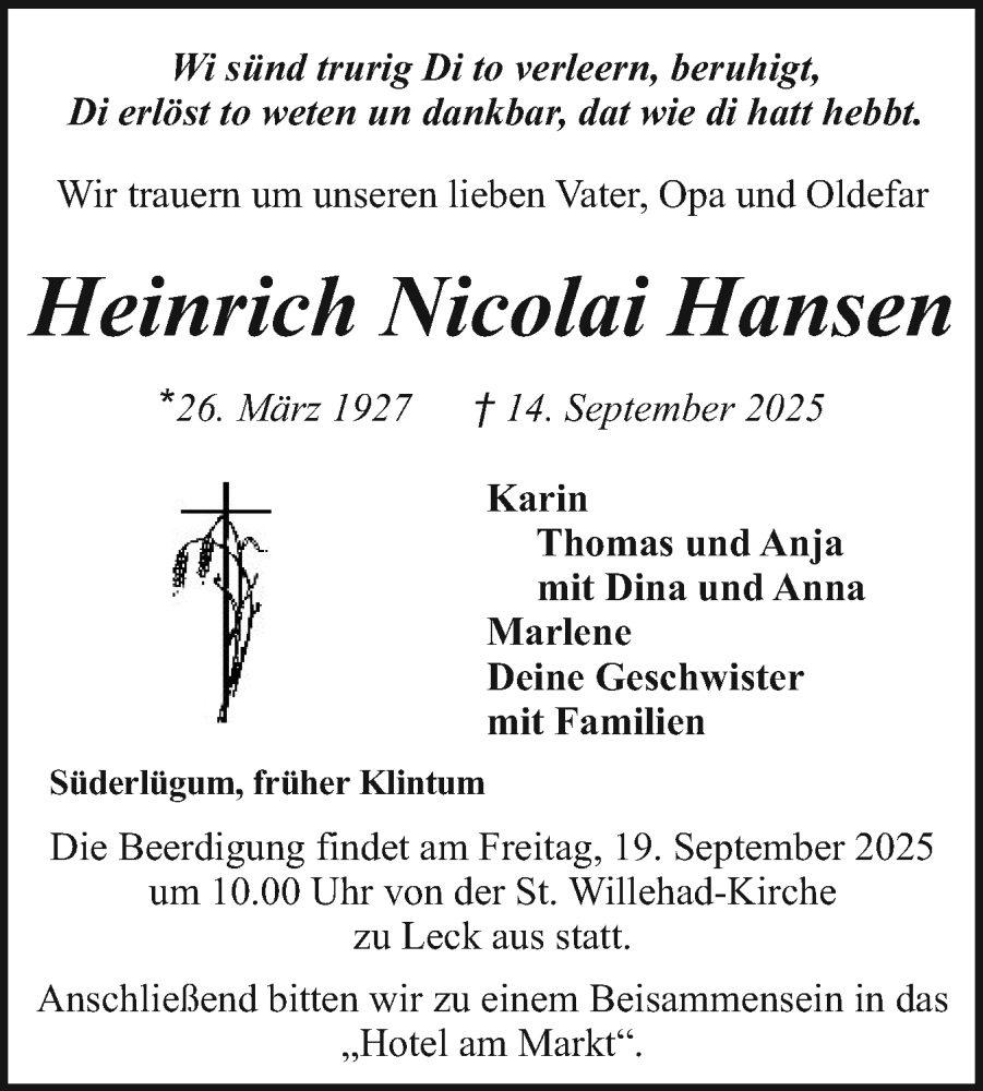  Traueranzeige für Heinrich Nicolai Hansen vom 17.09.2025 aus Husumer Nachrichten, Nordfriesland Tageblatt