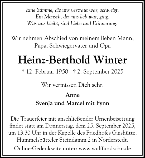 Traueranzeige von Heinz-Berthold Winter von Heimatspiegel