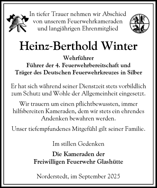 Traueranzeige von Heinz-Berthold Winter von Heimatspiegel