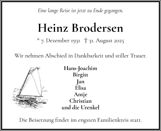 Traueranzeige von Heinz Brodersen von Wedel-Schulauer Tageblatt, tip Wedel-Schulauer Tageblatt, tip Rissener Rundschau