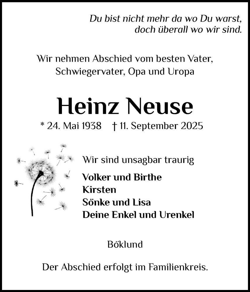  Traueranzeige für Heinz Neuse vom 20.09.2025 aus Schleswiger Nachrichten, Schlei-Bote