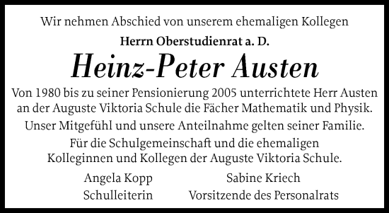 Traueranzeige von Heinz-Peter Austen von Norddeutsche Rundschau, Wilstersche Zeitung, Glückstädter Fortuna