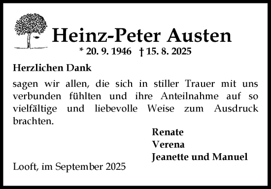 Traueranzeige von Heinz-Peter Austen von Norddeutsche Rundschau, Wilstersche Zeitung, Glückstädter Fortuna