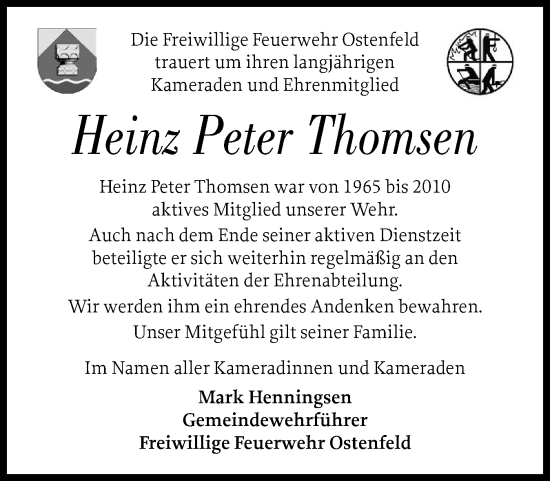 Traueranzeige von Heinz Peter Thomsen von Husumer Nachrichten, Nordfriesland Tageblatt