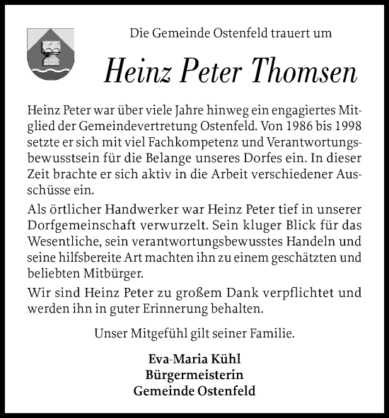 Traueranzeige von Heinz Peter Thomsen von Husumer Nachrichten, Nordfriesland Tageblatt