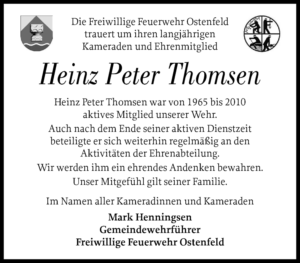  Traueranzeige für Heinz Peter Thomsen vom 03.09.2025 aus Husumer Nachrichten, Nordfriesland Tageblatt