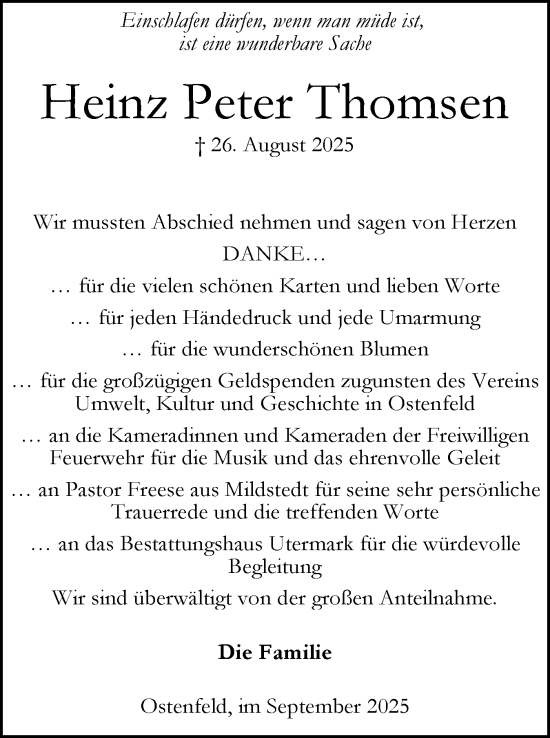 Traueranzeige von Heinz Peter Thomsen von Husumer Nachrichten, Nordfriesland Tageblatt