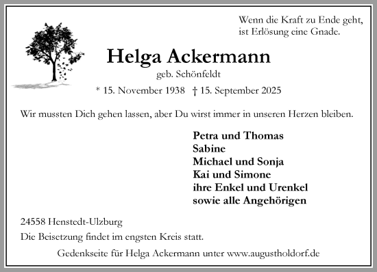 Traueranzeige von Helga Ackermann von Umschau