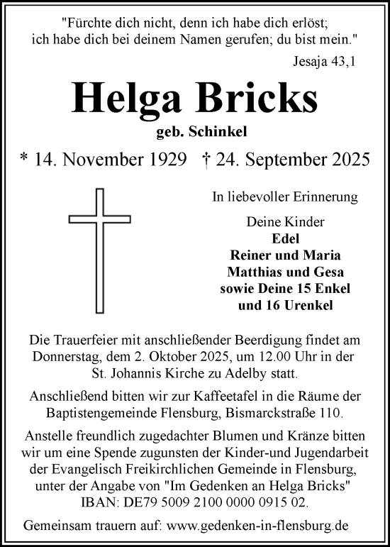 Traueranzeige von Helga Bricks von Flensburger Tageblatt