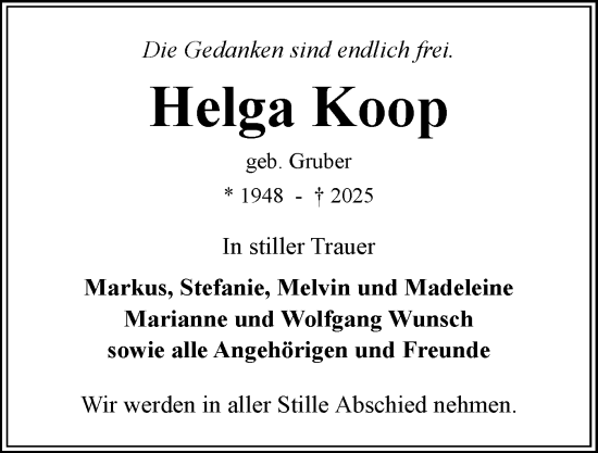 Traueranzeige von Helga Koop von Eckernförder Zeitung, Hallo Eckernförde