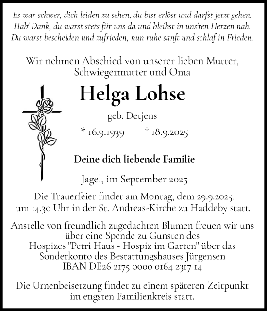 Traueranzeige von Helga Lohse von Schleswiger Nachrichten, Schlei-Bote