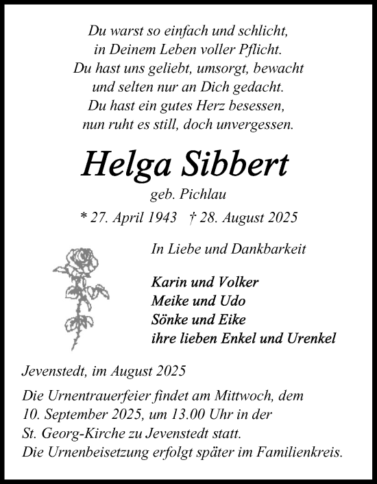 Traueranzeige von Helga Sibbert von Schleswig-Holsteinische Landeszeitung
