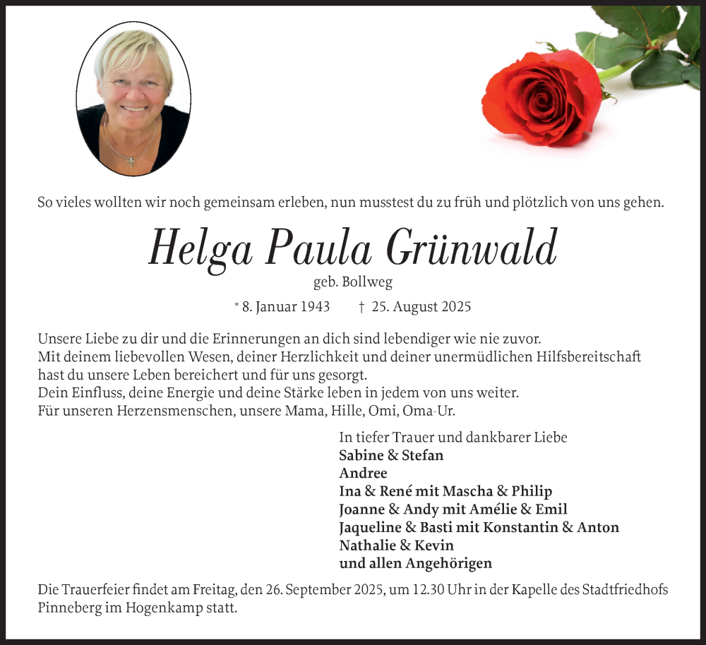  Traueranzeige für Helga Paula Grünwald vom 13.09.2025 aus Region Pinneberg und tip Pinneberg