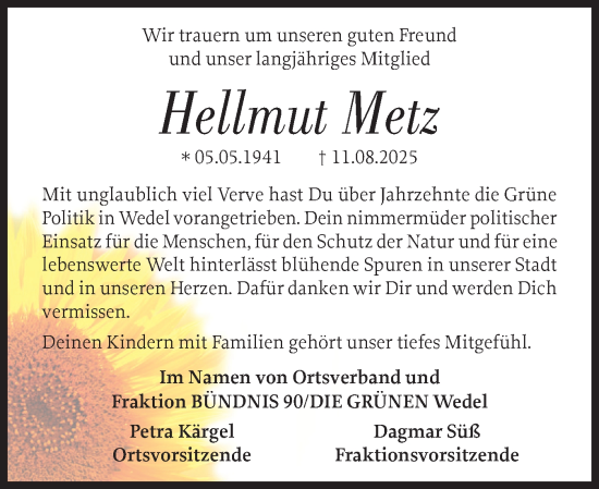 Traueranzeige von Hellmut Metz von Wedel-Schulauer Tageblatt, tip Wedel-Schulauer Tageblatt, tip Rissener Rundschau
