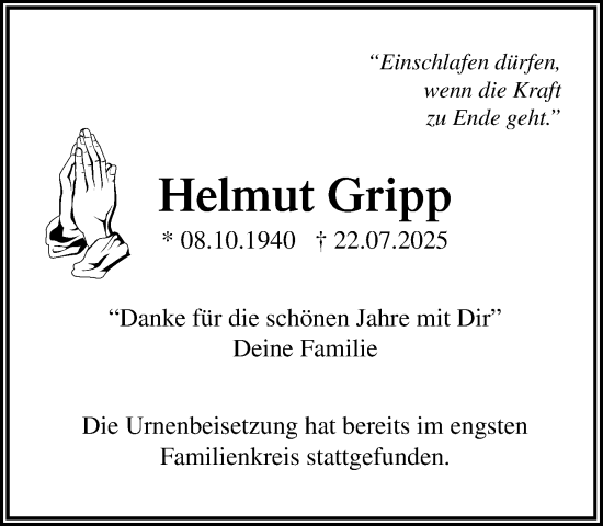 Traueranzeige von Helmut Gripp von Umschau